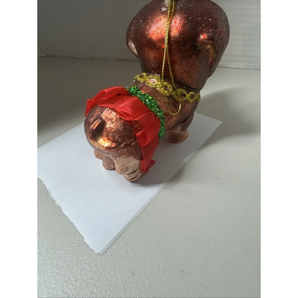 Robert Stanley Vintage Christmas Blown Glass Ornament Brown Dog W Red Tutu